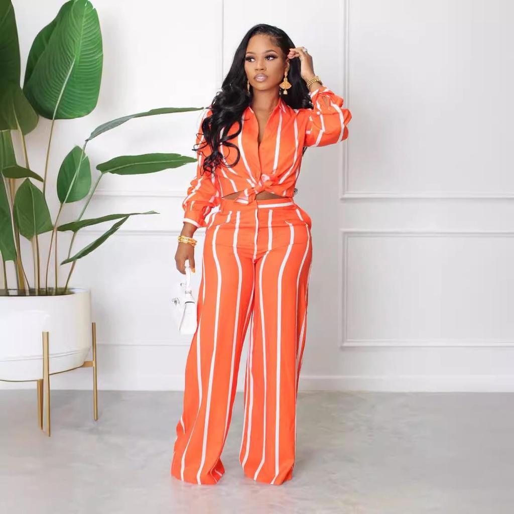 European & American Women's Striped Two-Piece Set: Long Sleeve Shirt & Pants