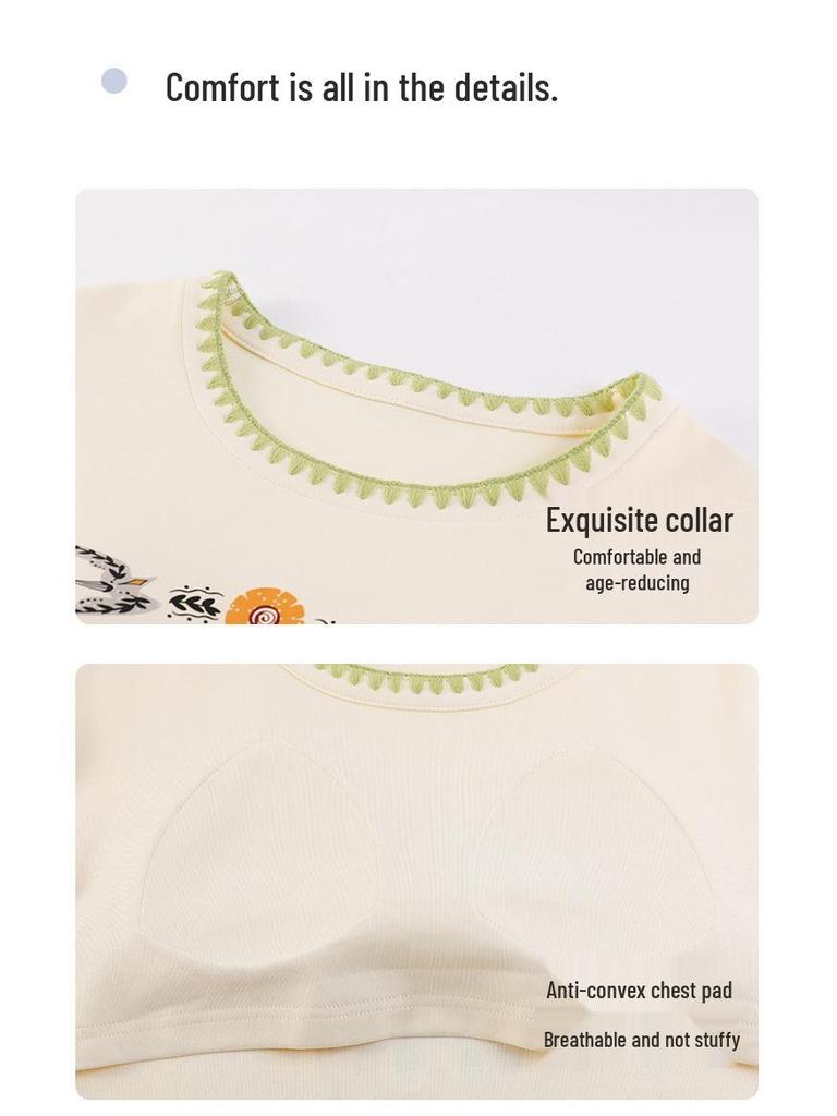 Piżama damska z długim rękawem i nadrukiem w kreskówkowe wzory, z wkładką na klatkę piersiową – uroczy komplet z okrągłym dekoltem do noszenia w domu lub na okrycia wierzchnie wiosną, jesienią i zimą