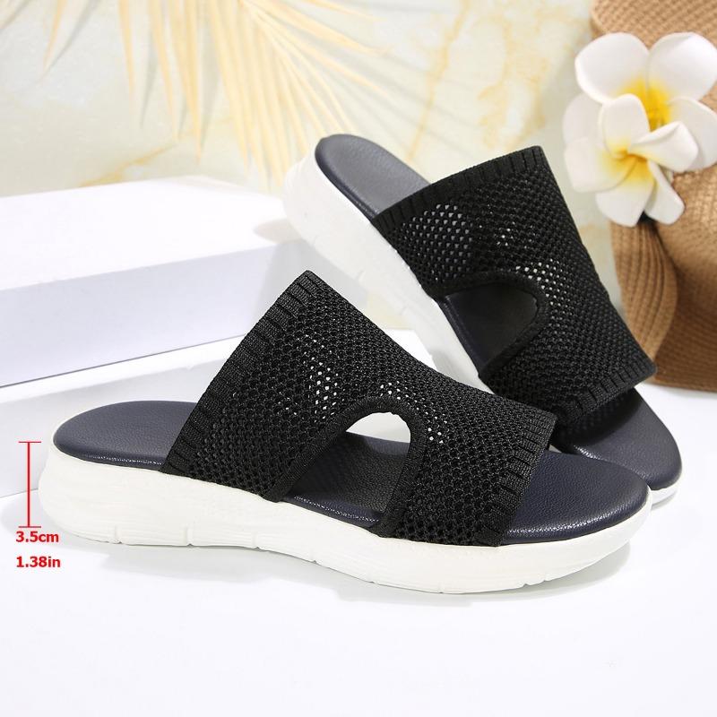 New large size fly-woven one-word hollow women's cool slippers slope heel fish mouth thick-soled slippers