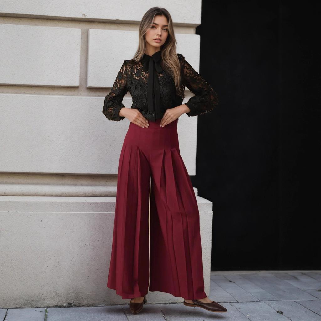 European and American fashion solid color high waist fold waist thin design waist culottes cover meat modified leg wide leg pants
