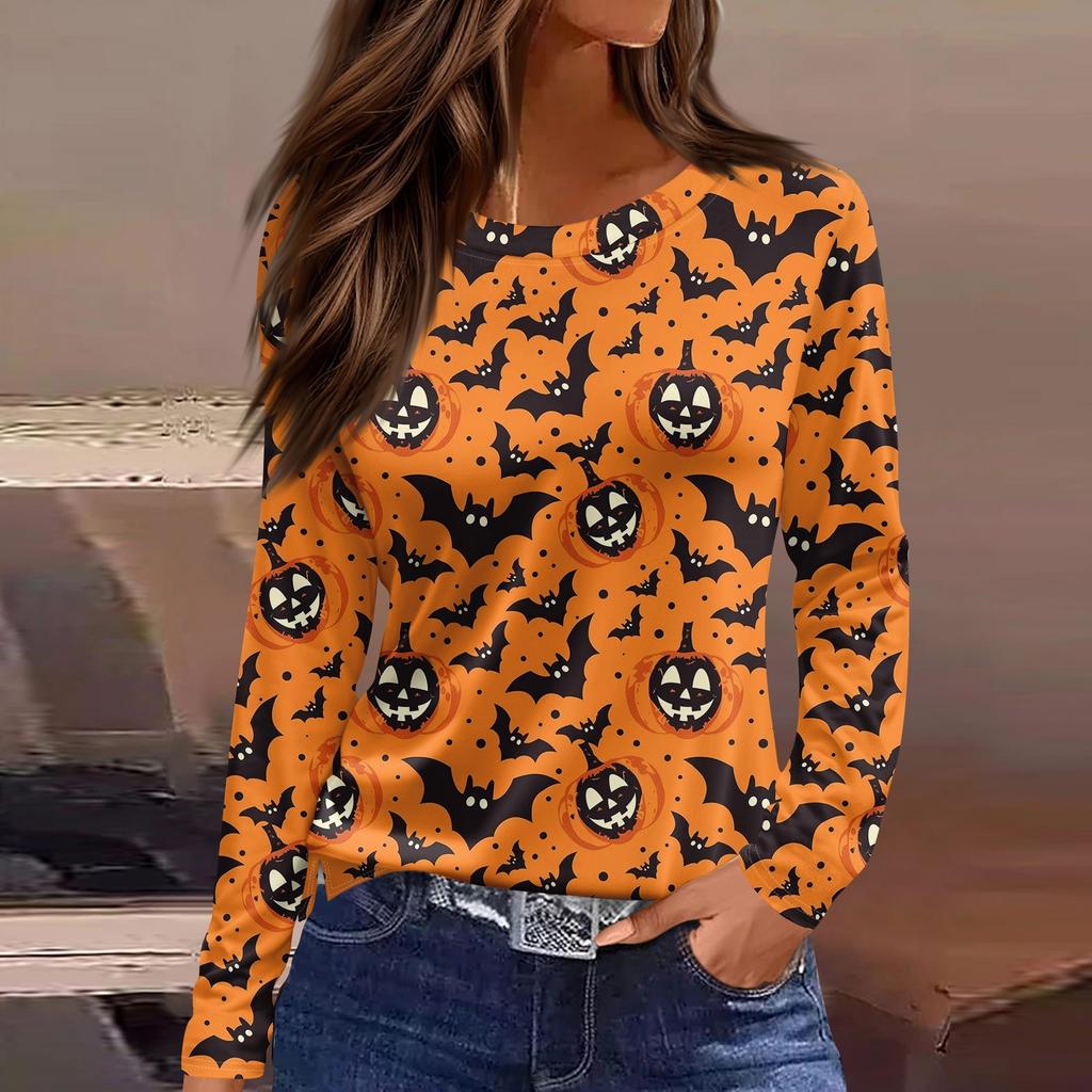 Damenmode Saumschlitz Lässig Halloween-Print Rundhals Langarm Oberteil