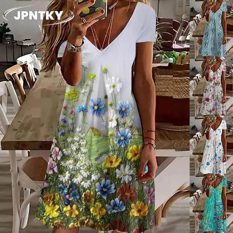 JPNTKY Fashion Summer Spring Short Sleeve V-Neck Casual Dresses