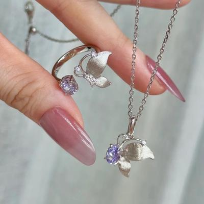 Ensemble Bague Papillon Diamant Violet Doux Super Fée Papillon Violet Brossé Pendentif Fée Violet
