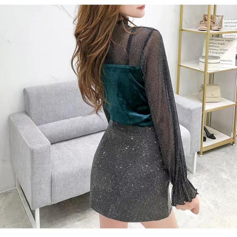 Große Größen Damen Spitzenhemd Samtoberteile Helles Siebdruckgarn Unterhemd für Herbst und Winter