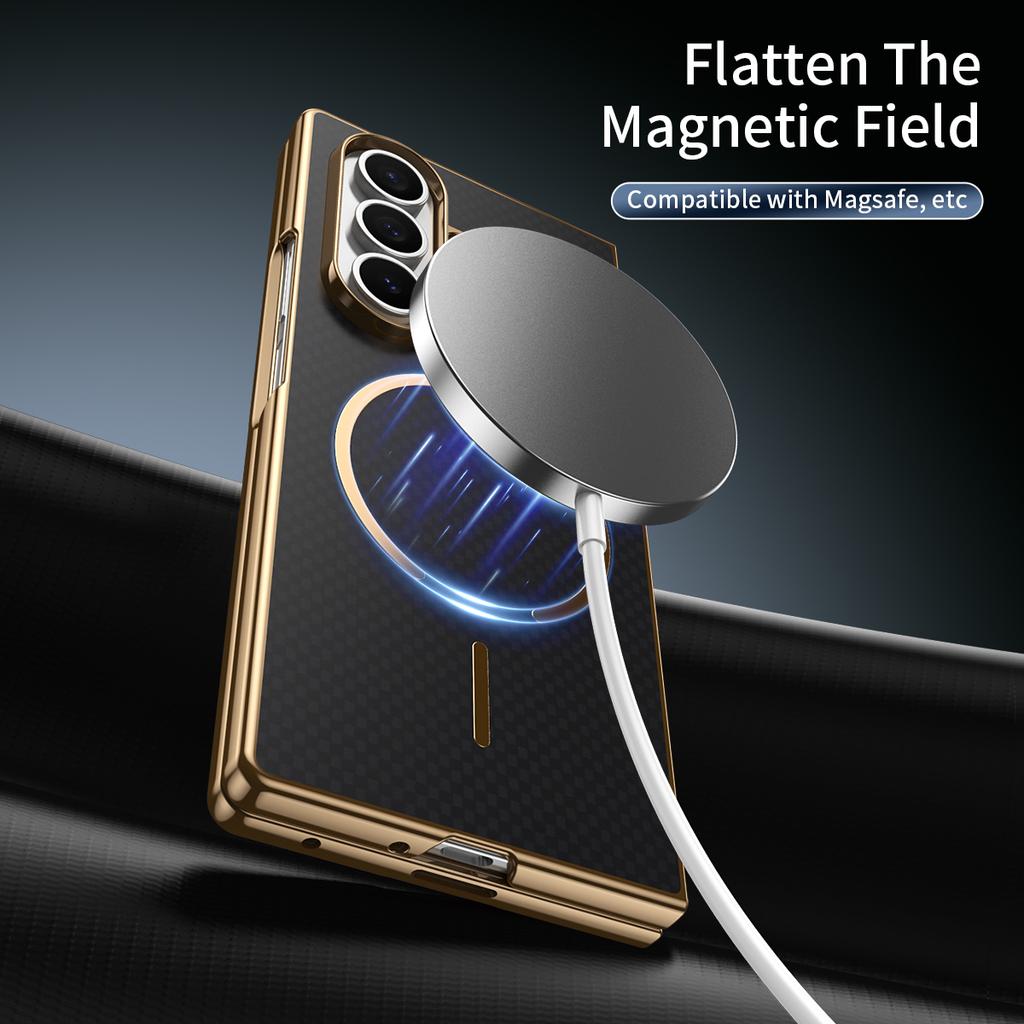 Plating Kavlar Magnetic Phone Case for Galaxy Z Fold 7/6 with Wireless Charging Compatible with Samsung -Includes Tempered Glass