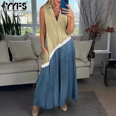 Women's Fashion Summer Spring Colour Block Print Sleevelesse V-Neck Loose Waistline Casual Dresses