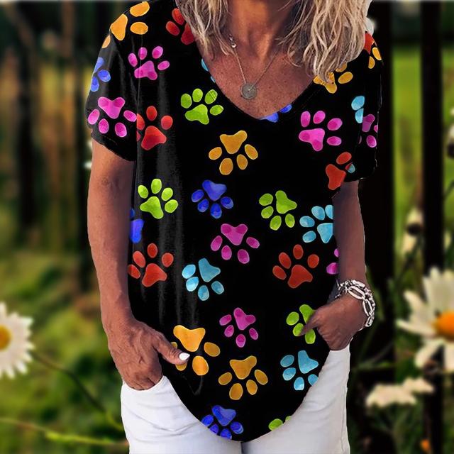 Tričko pro ženy Potisk Kočičí Dívčí Tričko Móda Léto Krátký rukáv Výstřih do V Ležérní Volný Top Oversized Dámská Streetwear Košile