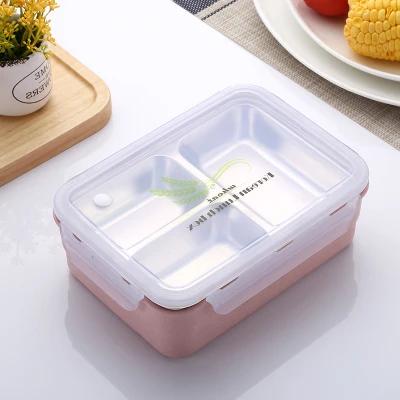 

Japanese Doulbe-layer Lunch Box Bento Box with Compartments Stainless Steel Food Container Lunchbox with Spoon Fork рожевий