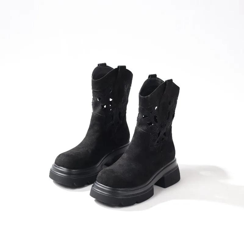 

2025 Полые вышитые винтажные вестерн-сапоги женские осенние ботильоны на толстом каблуке ковбойские сапоги женские сапоги из искусственной кожи рыцарские сапоги 35 чёрный