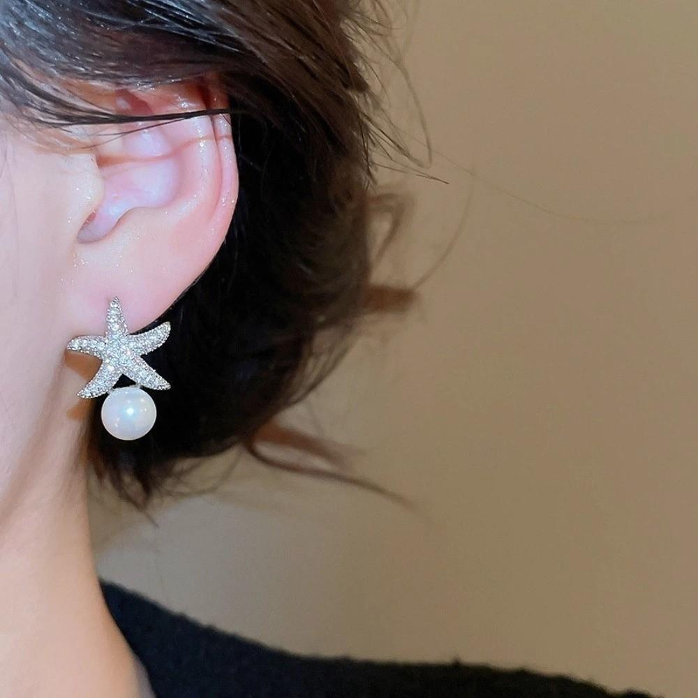 Crystal Starfish Pearl Stud Earrings Ocean Style Starfish Starfish Ear Studs  Ladies