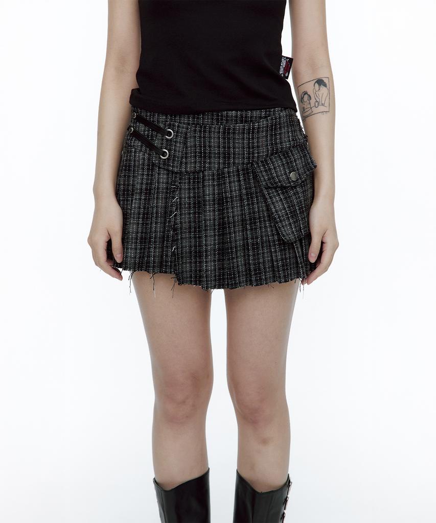 Rough Neck Tartan Check Tweed Skirt Black