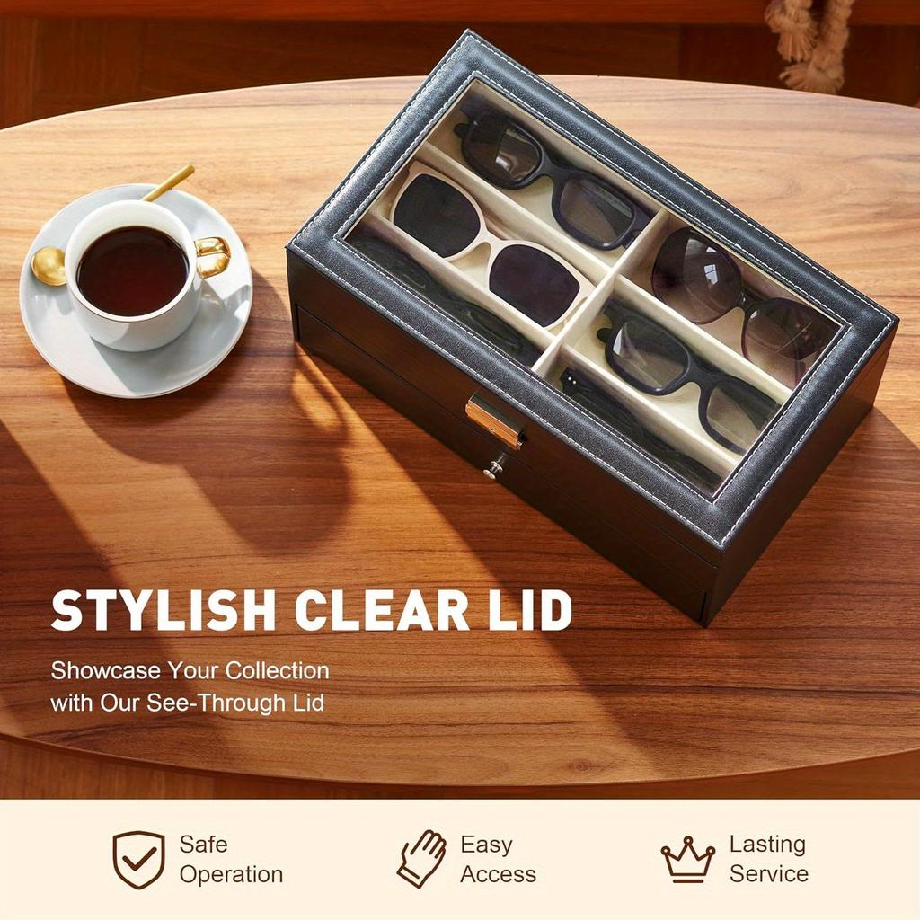 1pc 12 Grids Sunglasses Display Leather Box with Flip Cover, Double Layers Sunglass Presentation Collection Gift Case.