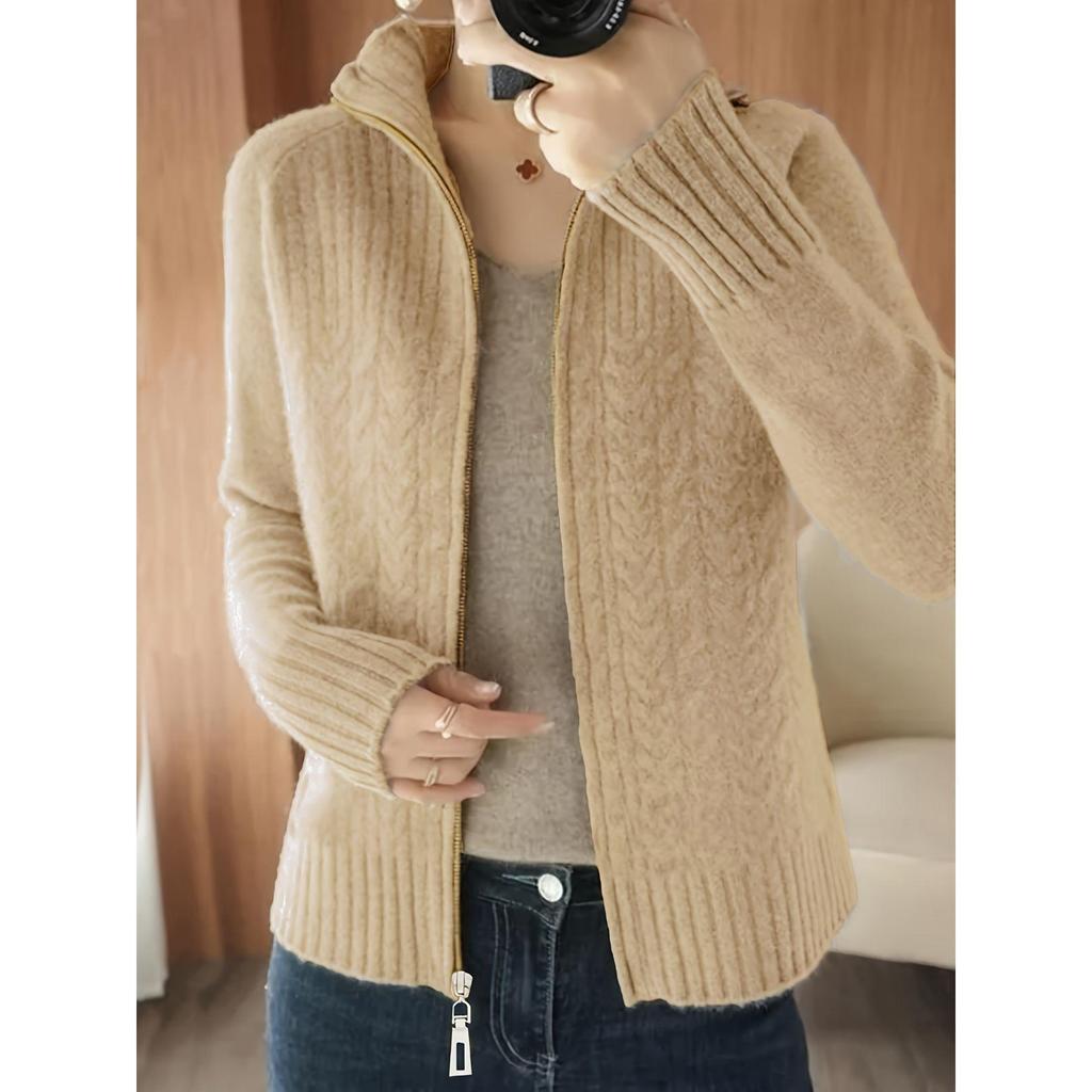 2025 Women's Zipper Cardigan: Loose Cable Knit Sweater for Spring & Autumn