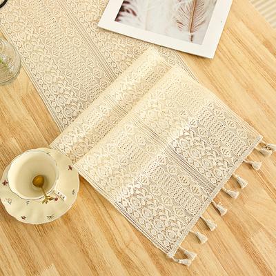 Vintage American Style Crochet Hollow Linen Lace Table Runner with Tassels | Woven Polyester Square Floral Pattern | for Dining Room, Cabinet