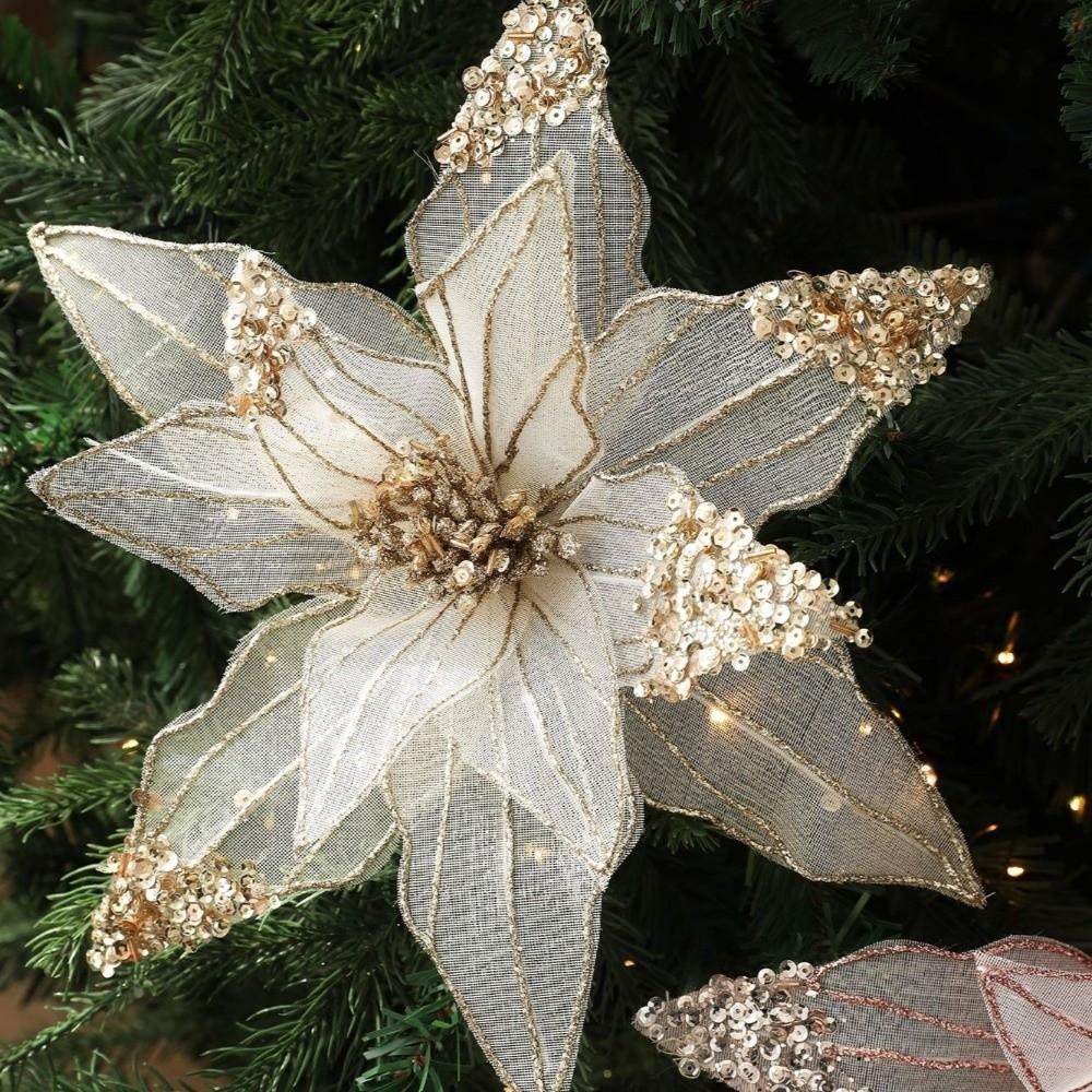 New 31CM Artificial Poinsettia Flower Sequins Glitter Simulation Flowers Sparkling Sequins Flower Christmas Tree Accessory