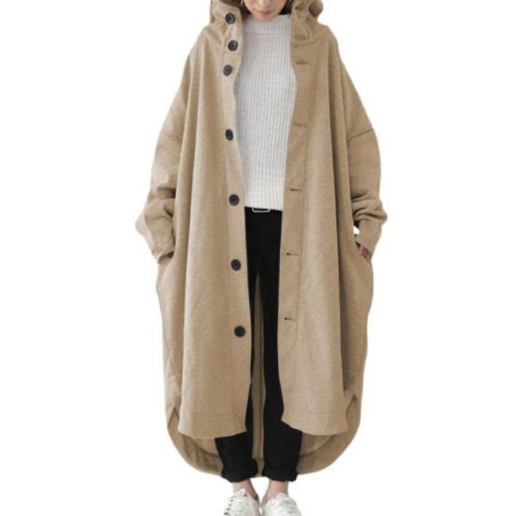 Winter Women Long Sleeve Trench Coat Ankle Length Hooded Single Breasted Thick Pockets Solid Color Irregular Hem Casual Outdoor Jacket