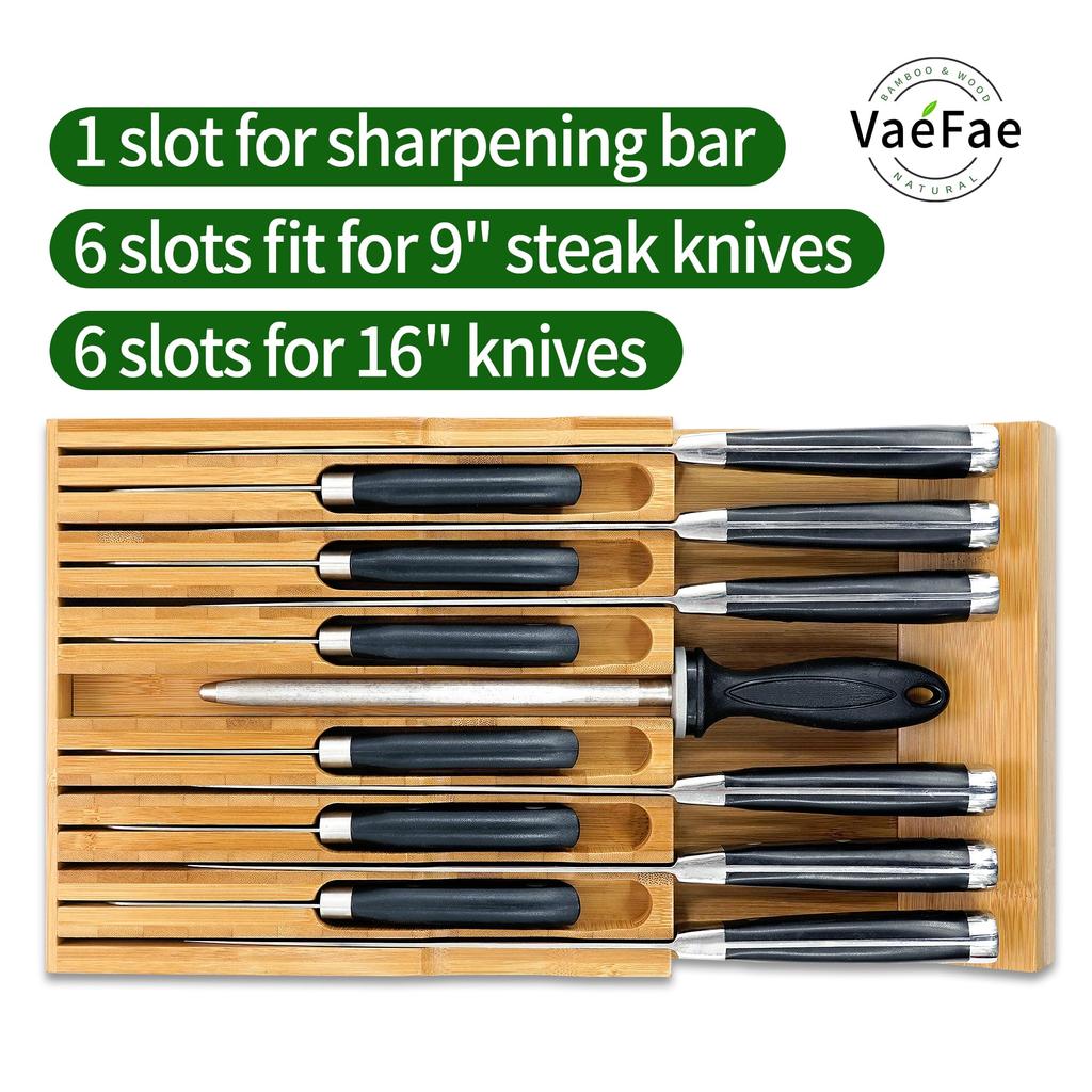 VaeFae Bamboo Knife Drawer Knife Drawer Organizer Kitchen Drawer Knife Block for 12 Plus Slot for Knife Sharpener Organizer, Insert, Knives, (No