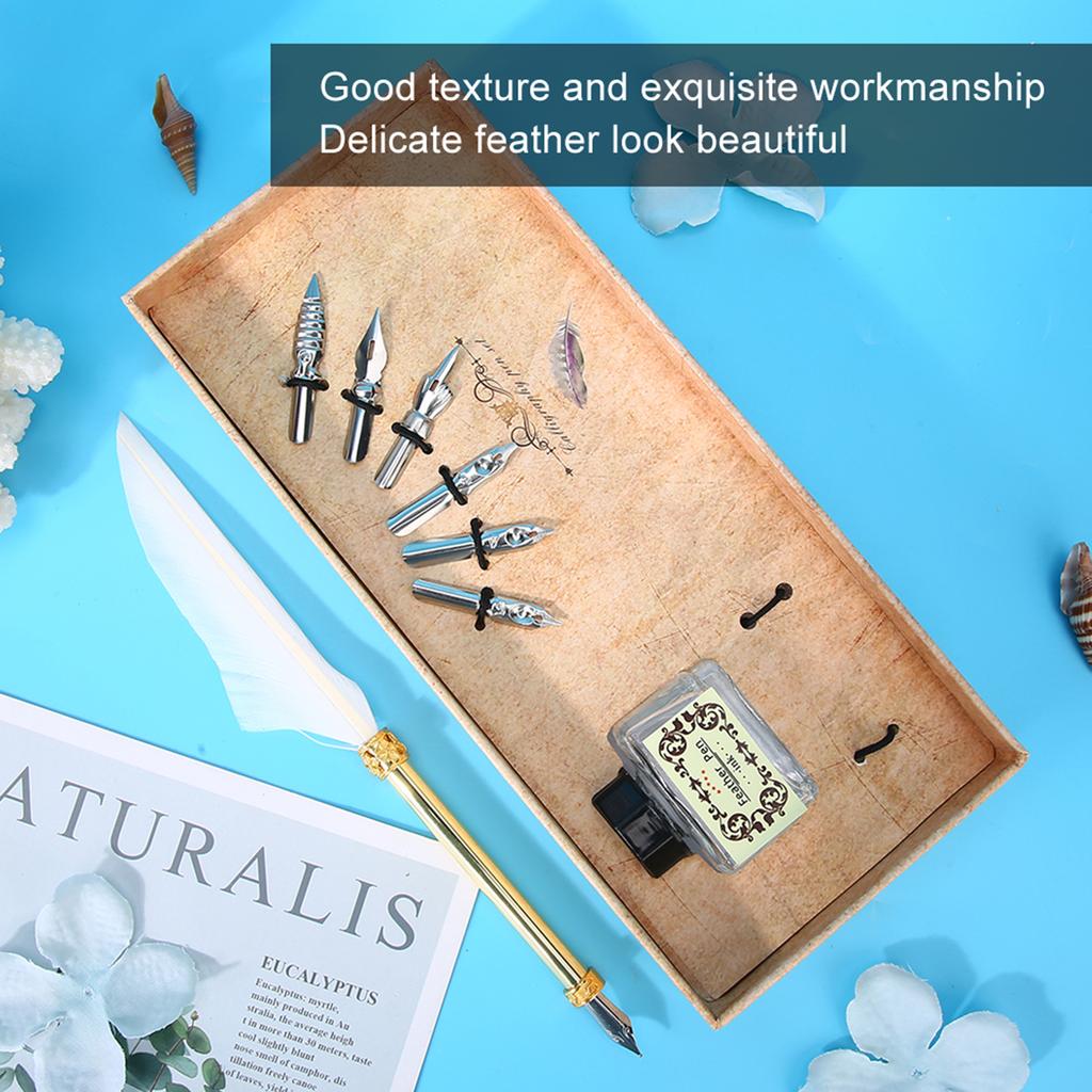 Vintage Simple Style Calligraphic Feather Pen Kit Student Pen Gift Box for Christmas BirthdayWhite