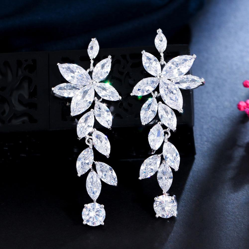 Ircons Glittering Flower Leaf Shaped Long Dangle Wedding Bridal CZ Earrings Silver Plated Elegant Pageant Jewelry CZ210