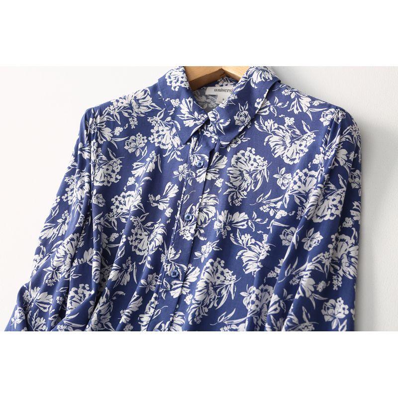 Foreign Trade Original Order Elegant Blue and White Porcelain Printed Cotton Silk Shirt Women's Long Sleeve Thin Summer Loose Artificial Cotton Tops