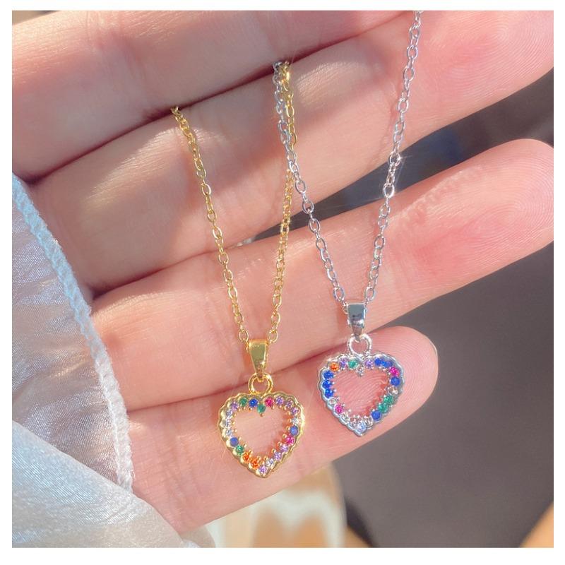 Women Colorful Full Zircon Heart Shaped Titanium Steel Clavicle Necklace