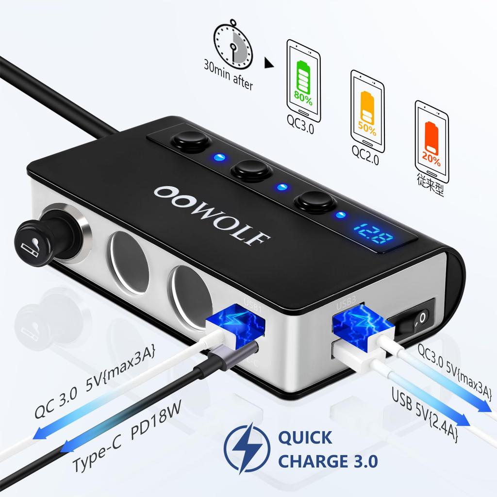 OOWOLF Cigarette Lighter Socket, 3 Connections, 180 W, USB X 4 Ports, Quick Charge