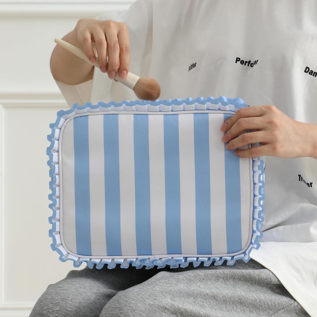 Stripe Ruffle Makeup Bag,Large Travel Cute Cosmetic Bag for Women Girls,Toiletry Bag Make Up Organizer 10.8 X 4.5 X 8 Inch (Blue Stripe)