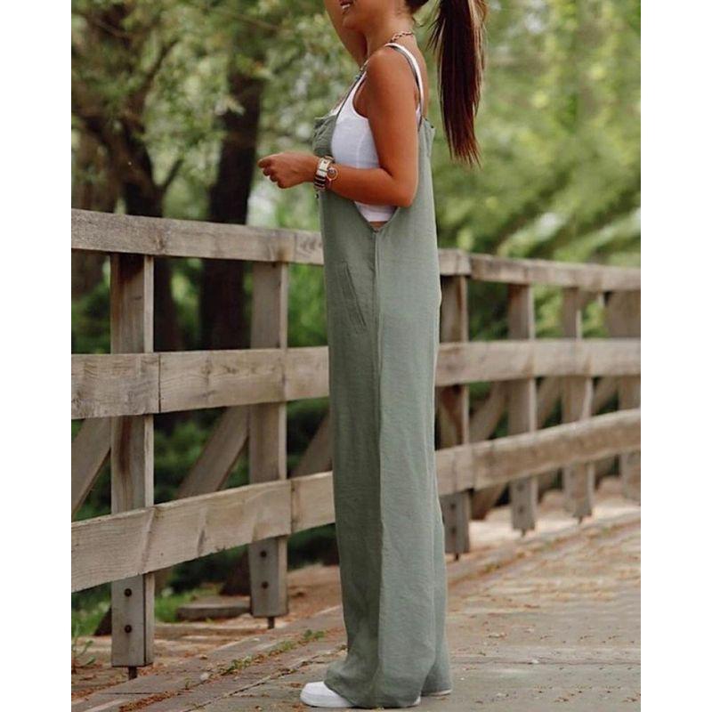Women Casual Suspenderjumpsuit European and American Women Dark Green Casual Sling Wide Leg Jumpsuit