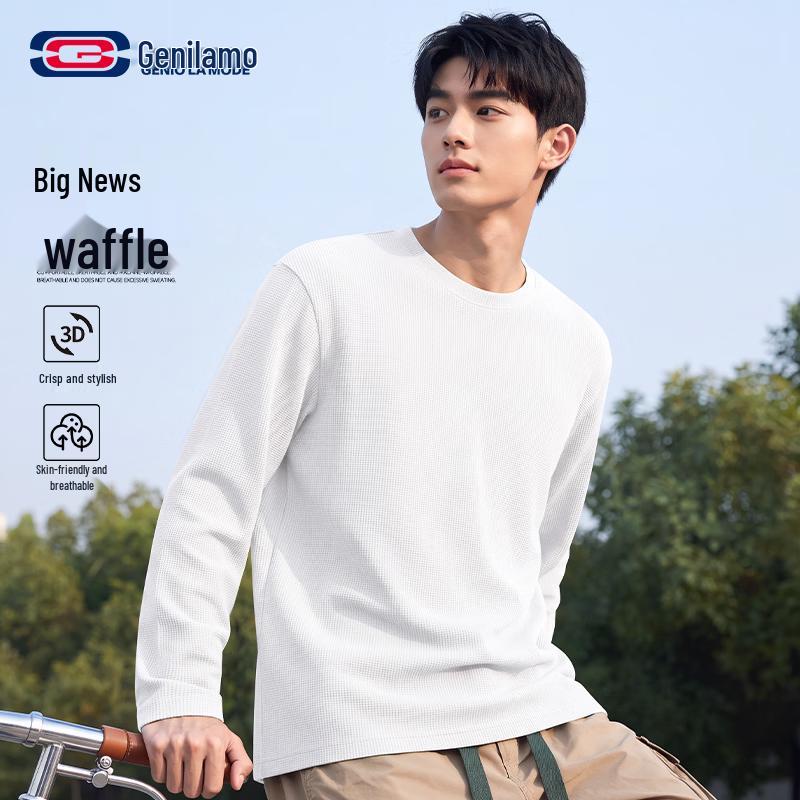 GENIOLAMODE Men's Waffle Knit Long Sleeve T-Shirt