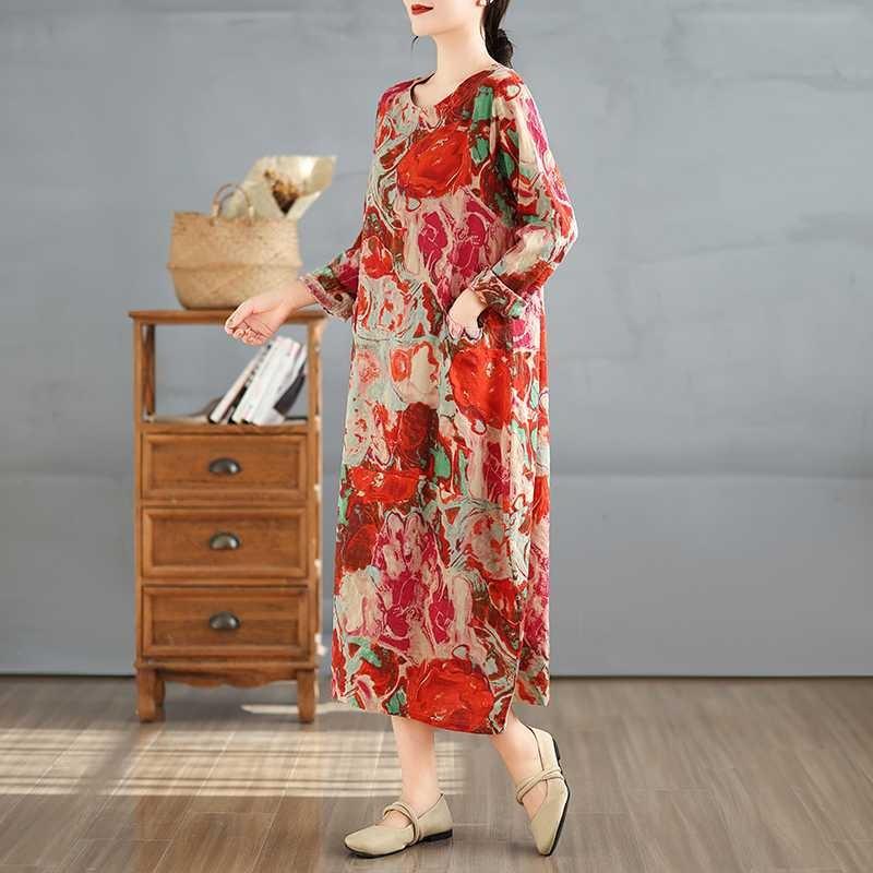 2025 Retro Printed Round Neck Long Sleeve Patchwork Dress Women