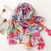 Women's Bohemian Floral Print Scarf - Vibrant Colorful Flowers Lightweight Breathable, Decorative Fringe Ends for Beach, Casual Outings & Outdoor