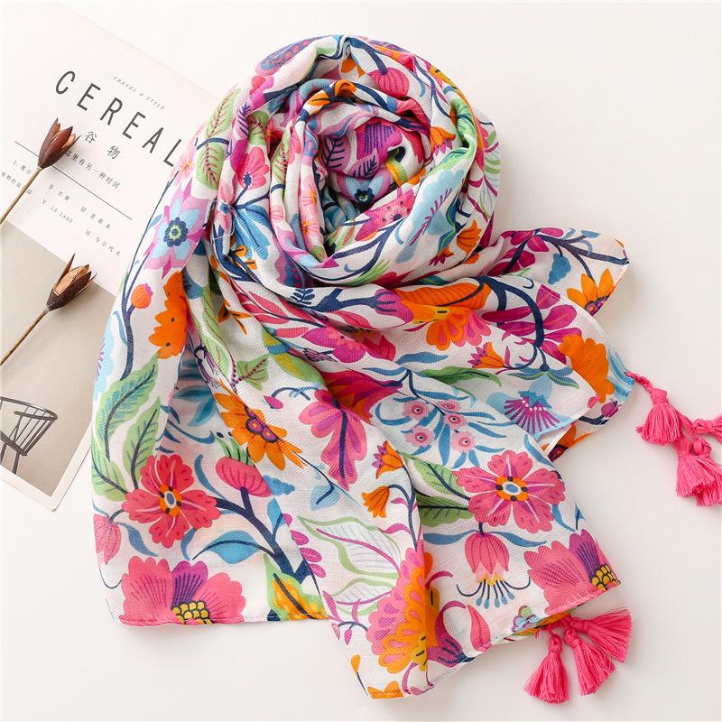 Women's Bohemian Floral Print Scarf - Vibrant Colorful Flowers Lightweight Breathable, Decorative Fringe Ends for Beach, Casual Outings & Outdoor