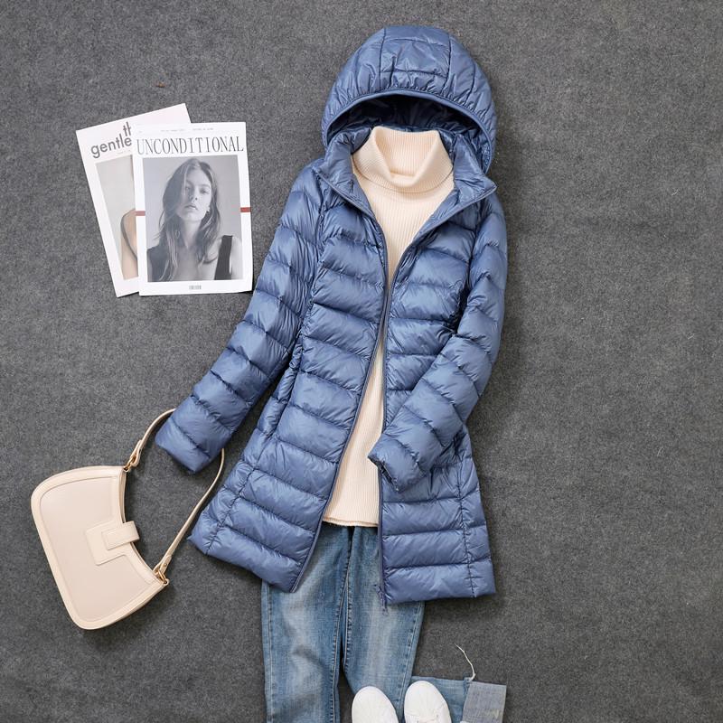 2024 Women's Lightweight Mid-Length White Duck Down Jacket, Korean Style, Slimming Design with Detachable Hood