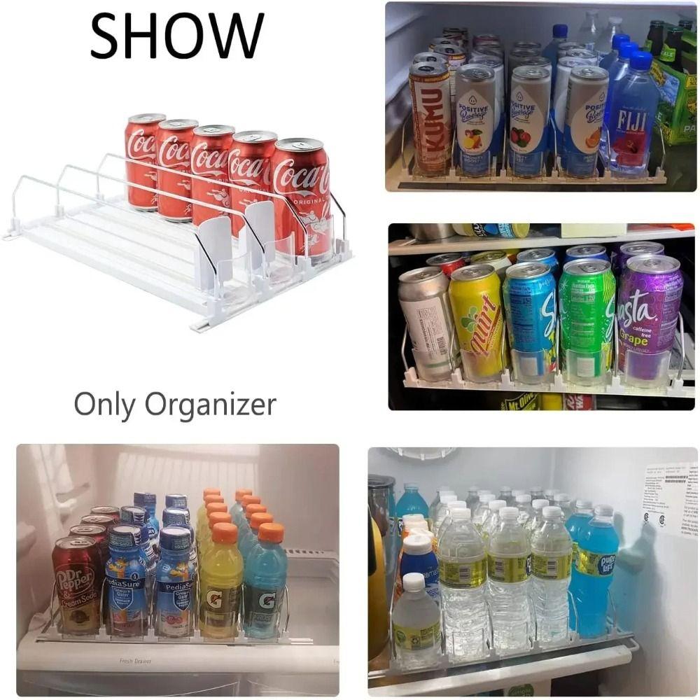 Self-Pushing Drink Organizer Dispenser Adjustable Width Can Shelf Pusher  Water
