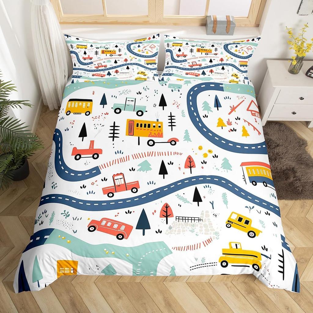 Comforter Cartoon Truck Twin City Landscape Bedding Set Hand Drawn Cartoon Vehicles City Map Railway Train Comforter