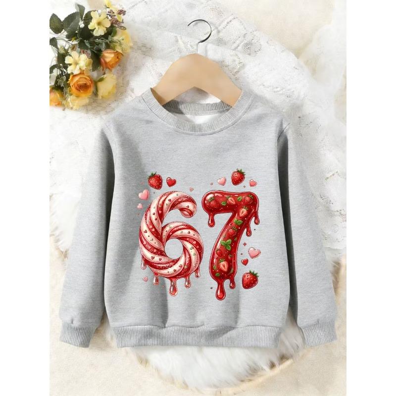 Unisex Kids Crewneck Sweatshirt, Candy Strawberry Number 67 Heart Print Pullover, Boys Girls Cute Birthday Sweatshirt For Kids Over 4 Years Old