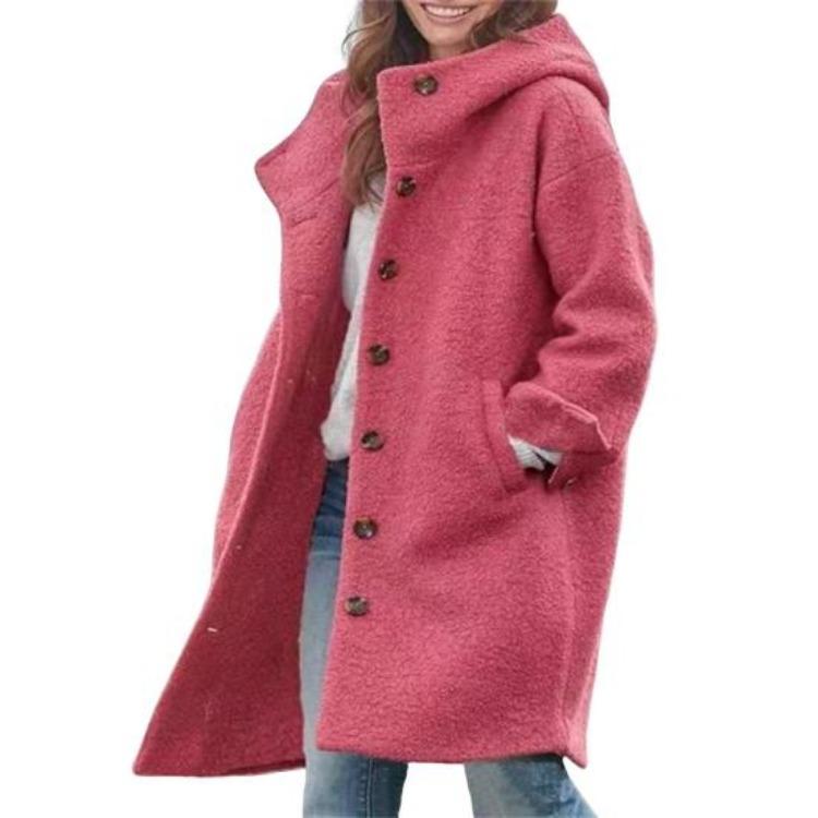 Women Winter Warm Windproof Overcoat Hooded Loose Mid Length Coat Thick Solid Color Windbreaker Long Sleeves Single-breasted Pockets Daily Wear Fall