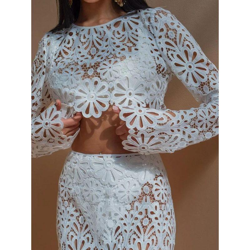 Slim Cut Lace Top and Skirt Set Slim Fit Hollow Lace Top and Skirt Sets