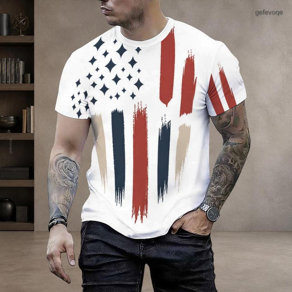 Men Plus Size Round Neck Short Sleeve American Flag Printed Casual T Shirt