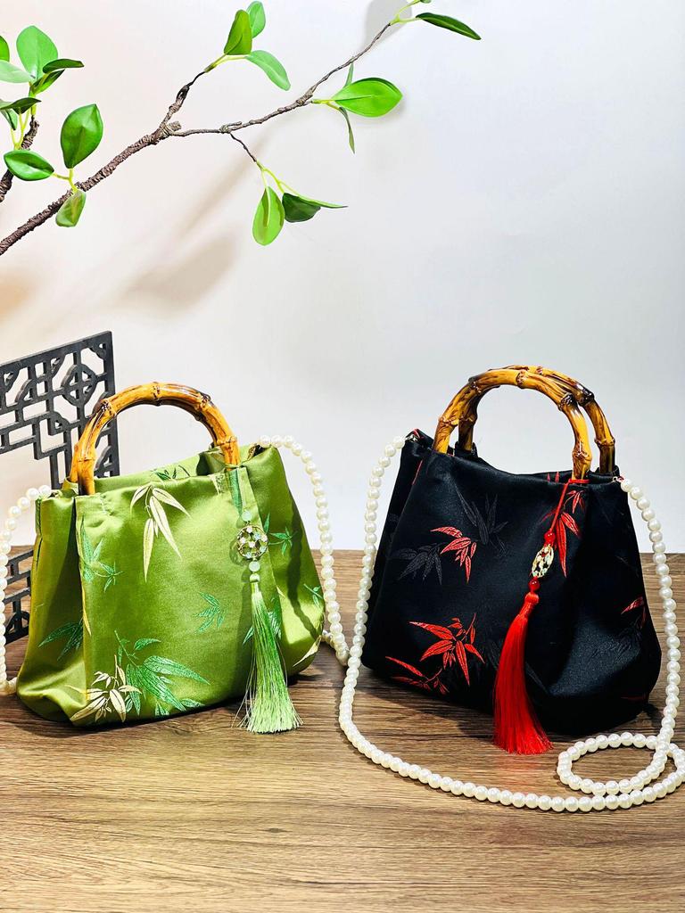 Bamboo Handle Brocade Handbag - Chinese Style Pearl Crossbody, Perfect Qipao Match, Ideal Gift for Mom