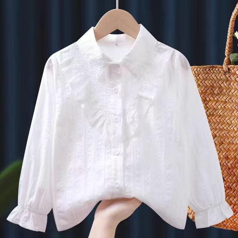 Autumn White Girls' Peter Pan Collar Long Sleeve Shirt - Fashionable Top for Big Kids and Students