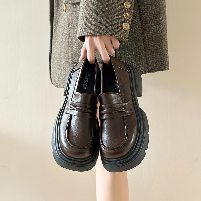 Black Big Head Thick Sole Small Leather Shoes Women's New Autumn One Pedal Thick Heel Increase