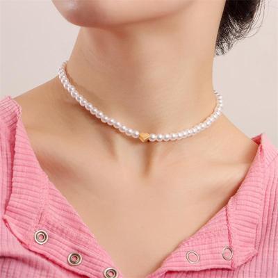 Chaîne de cou en Imitation de perles, rétro français, chaîne de clavicule à la mode, anneau uni, collier de coquillage d'amour