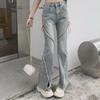 Women's High-Waisted Flared Jeans - Slim Fit, Strappy Detail, Elastic, Split Hem, Autumn Collection