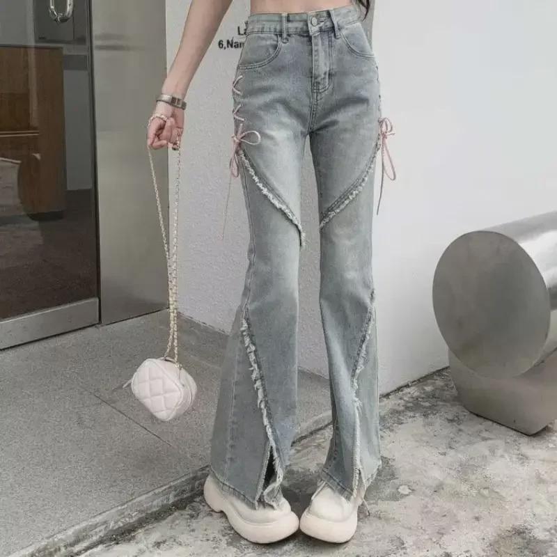 Women's High-Waisted Flared Jeans - Slim Fit, Strappy Detail, Elastic, Split Hem, Autumn Collection