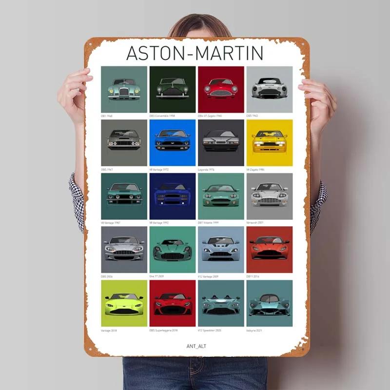 Aston Martins Tinplate Sign Classic Cars Poster Metal Wall Art Mural Retro Metal Sign Plaque for Garage Wall Art Decoration Room