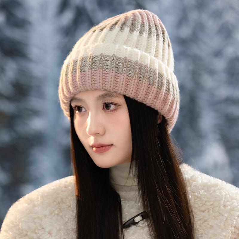 Winter Hat Women's Colorful Striped Crocheted Knitted Hat, Ear Protectors, Warm and Piled Thickened Cold-proof Wool Hat