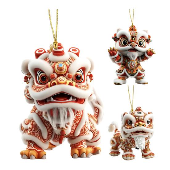 Chinese Lion Acrylic Keychain 2D Flat Car Rearview Mirror Charm Car Window Wall Door Tree Holiday Decorations