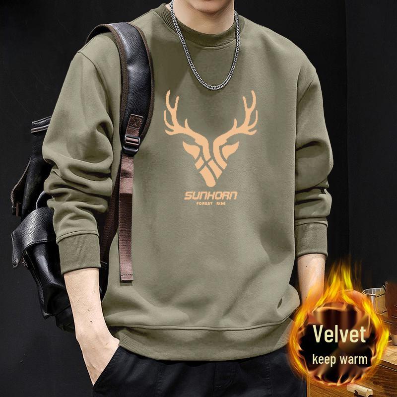 Men's Trendy Round Neck Hoodie - Plus Velvet, Autumn/Winter Style, American Brand, Perfect for Couples and Trendsetters.