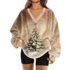 Women's Fashionable V-neck Christmas Printed Long Sleeved Casual Pullover Plush Warm Sweatshirt Top